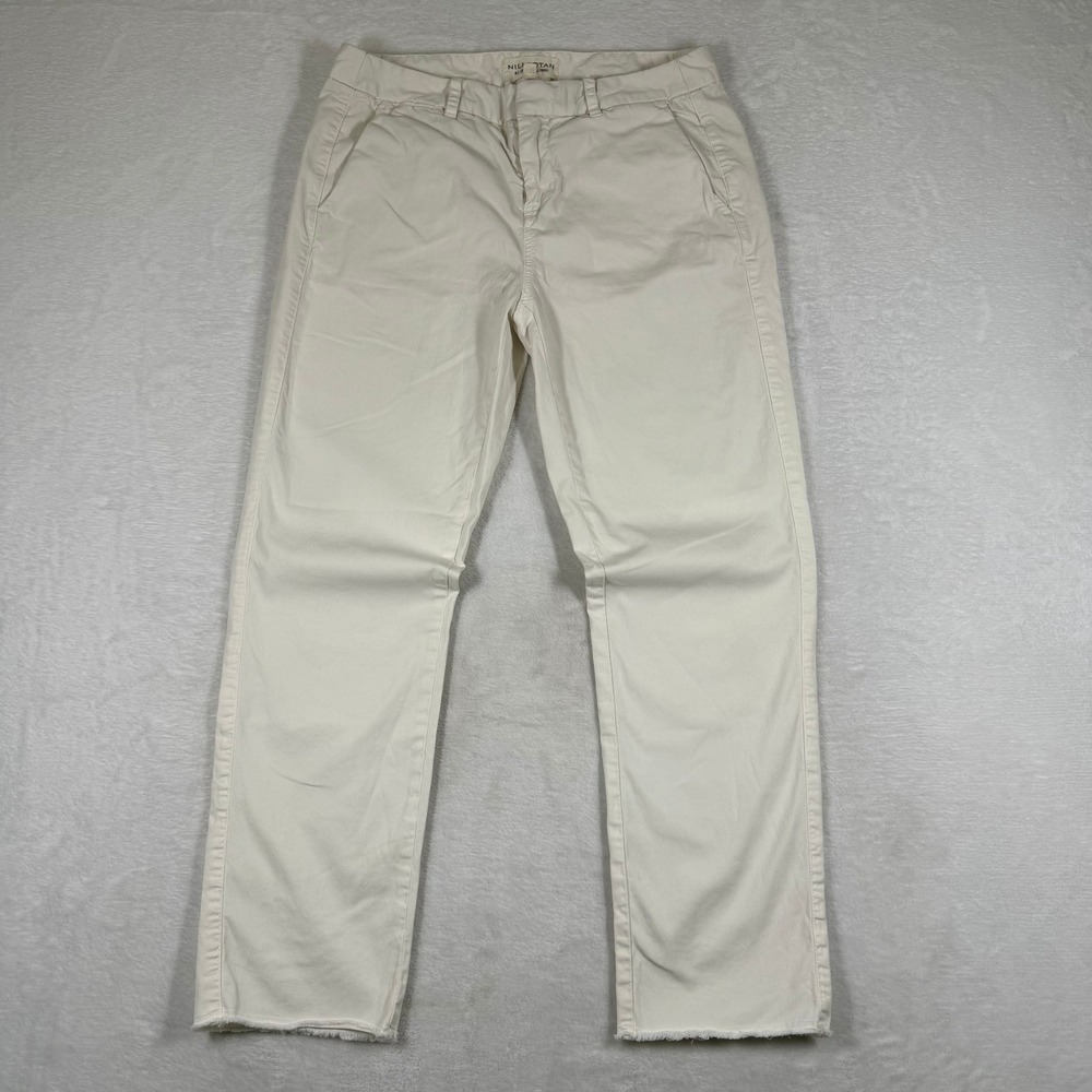 Nili Lotan Shon Pants Off-White Cotton Blend Raw Hem Straight Leg Size 2